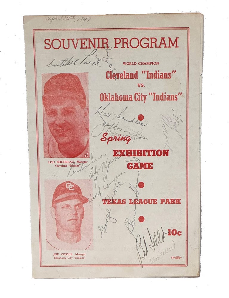 Item #CLIND001 Souvenir Program for Spring Exhibition Game between Cleveland "Indians" and Oklahoma City "Indians," 1949. Satchel Paige, Early Wynn, Lou Boudreau, Bob Feller.