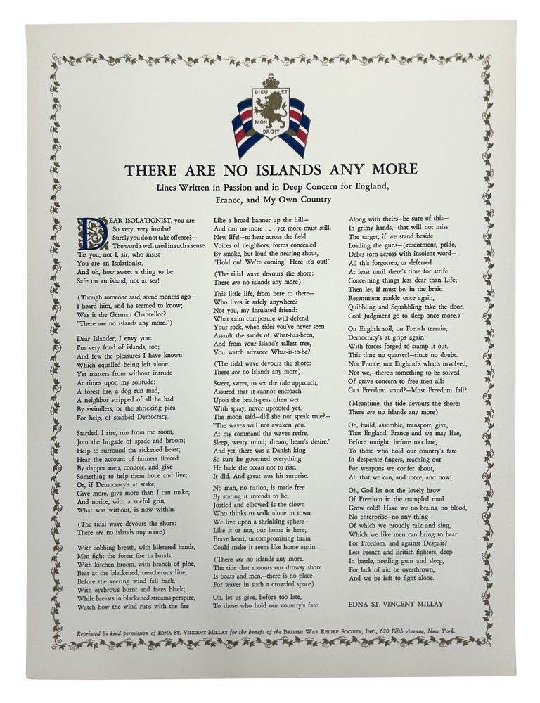 Item #ESVM098 There are No Islands Any More, Lines Written in Passion and in Deep Concern for England, France, and My Own Country. Edna St. Vincent Millay.