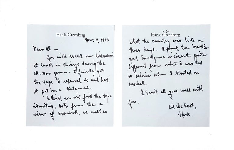 Item #HGAK001 Autograph Letter Signed to Al Kaline. Hank Greenberg.