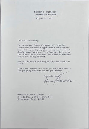 Item #HST006 Typed Letter Signed to John W. Snyder. Harry S. Truman