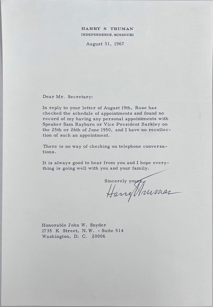 Item #HST006 Typed Letter Signed to John W. Snyder. Harry S. Truman.
