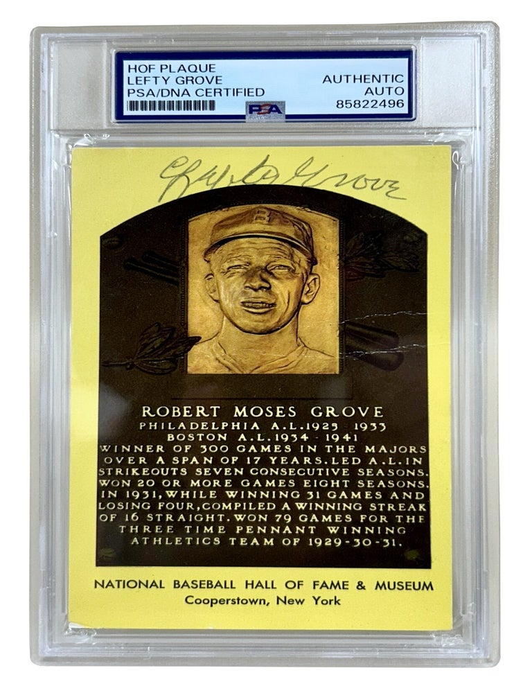 Item #LGR001 Signed Lefty Grove Hall of Fame Plaque Postcard. Lefty Grove.