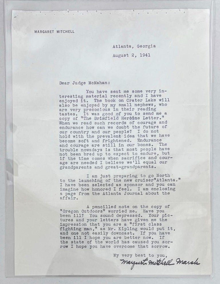 Item #MMGW019 Typed Letter Signed to Leonard H. McMahan. Margaret Mitchell.