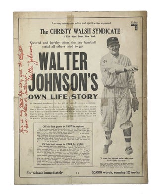 1924 Christy Walsh Syndicate Broadside. Walter Johnson.