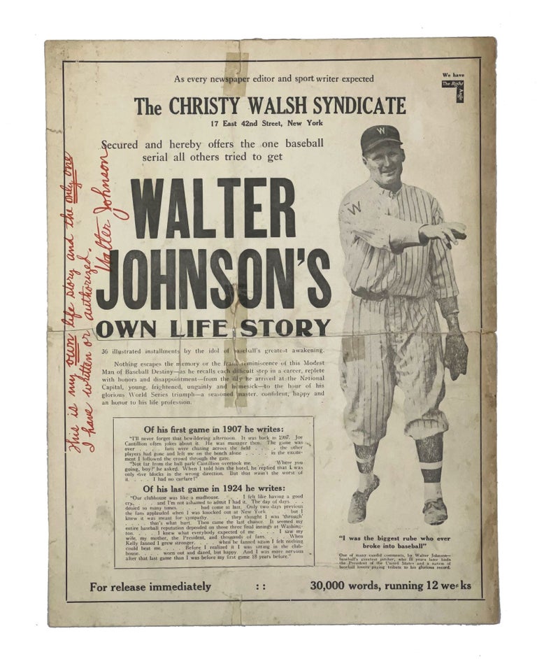 Item #WALJ001 1924 Christy Walsh Syndicate Broadside. Walter Johnson.